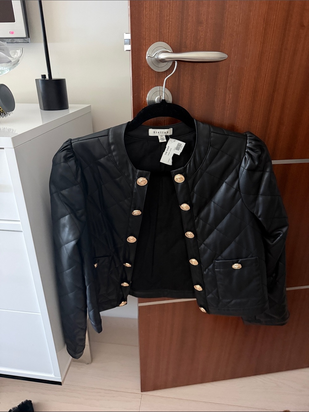 Stellah Black Quilted Faux Leather Blazer with Gold Buttons